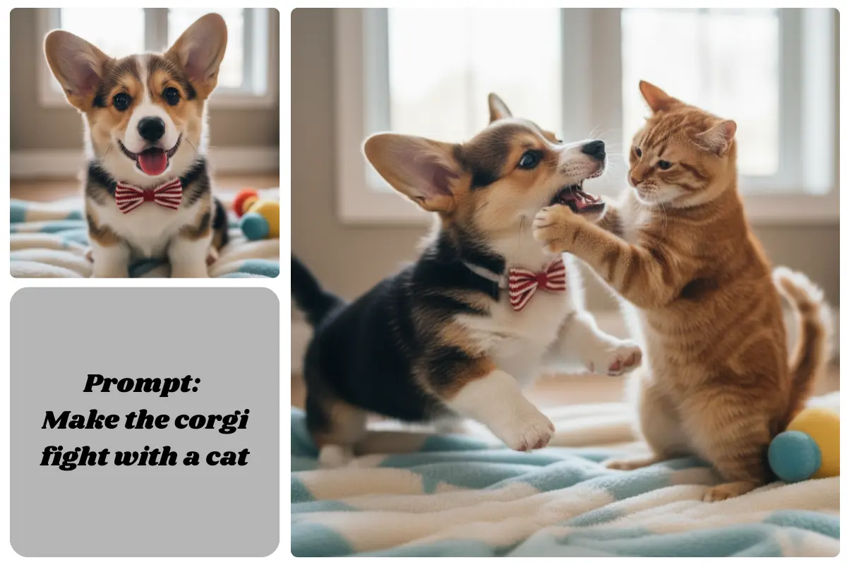 Corgi fighting with cat